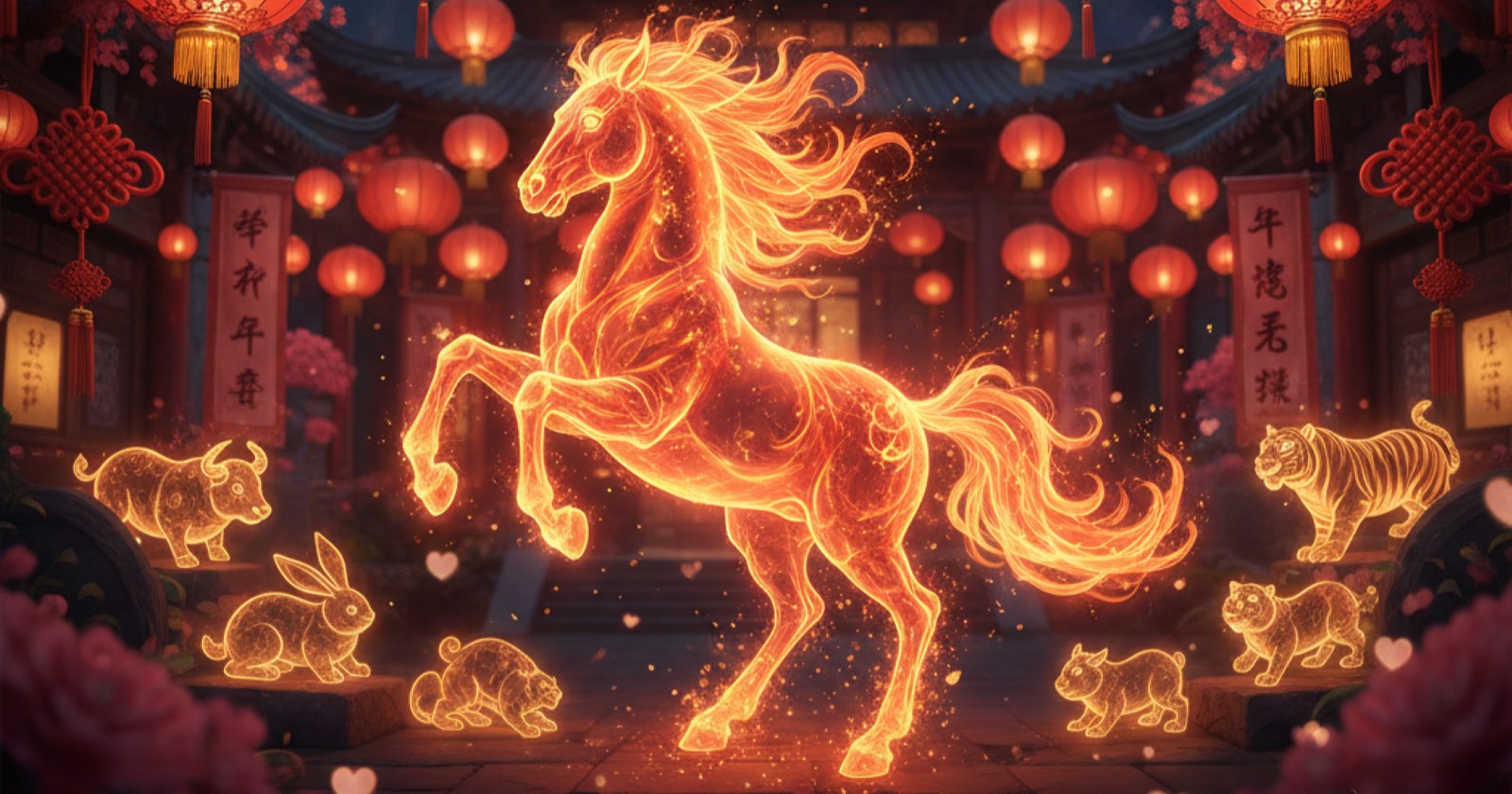 Illustrierte Szene mit einem glühenden, goldenen Feuerpferd, umgeben von chinesischen Tierkreiszeichen und roten Laternen – Darstellung des chinesischen Neujahrs 2026, dem Jahr des Feuerpferdes.