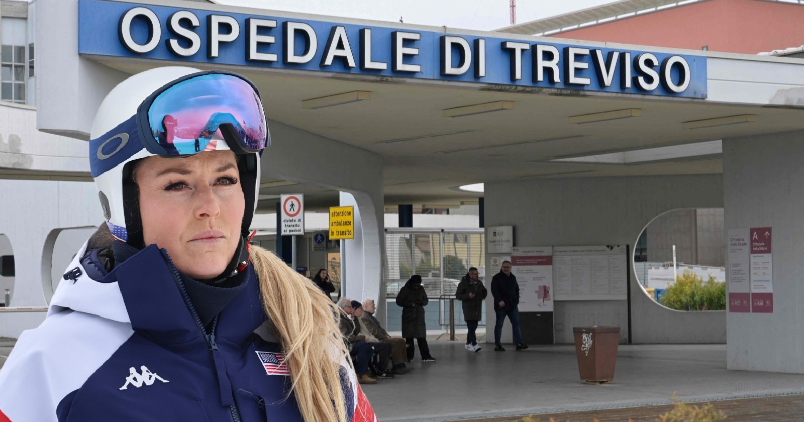 Lindsey Vonn steht vor dem Ospedale di Treviso, wo sie nach ihrem schweren Sturz bei der Olympia-Abfahrt behandelt wird und eine zweite Operation erhielt.