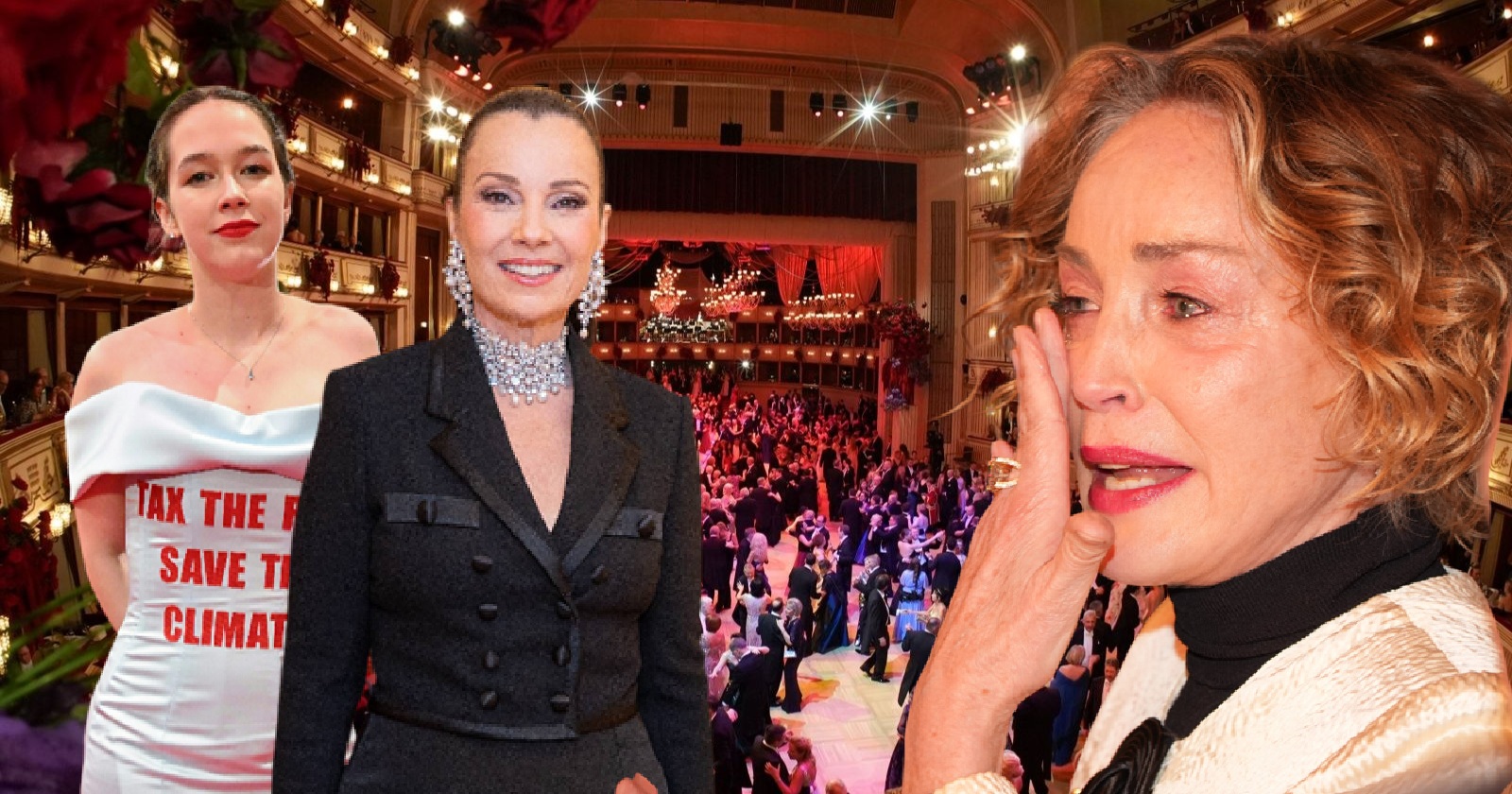 Drei Frauen beim Wiener Opernball 2026: links Aktivistin und EU-Abgeordnete Lena Schilling im Kleid mit der Aufschrift „Tax the Rich, Save the Climate“, in der Mitte Fran Drescher in schwarzem Smokingkleid mit Diamantcollier, rechts Sharon Stone mit Tränen in den Augen vor dem festlich beleuchteten Ballsaal der Wiener Staatsoper am Opernball 2026.