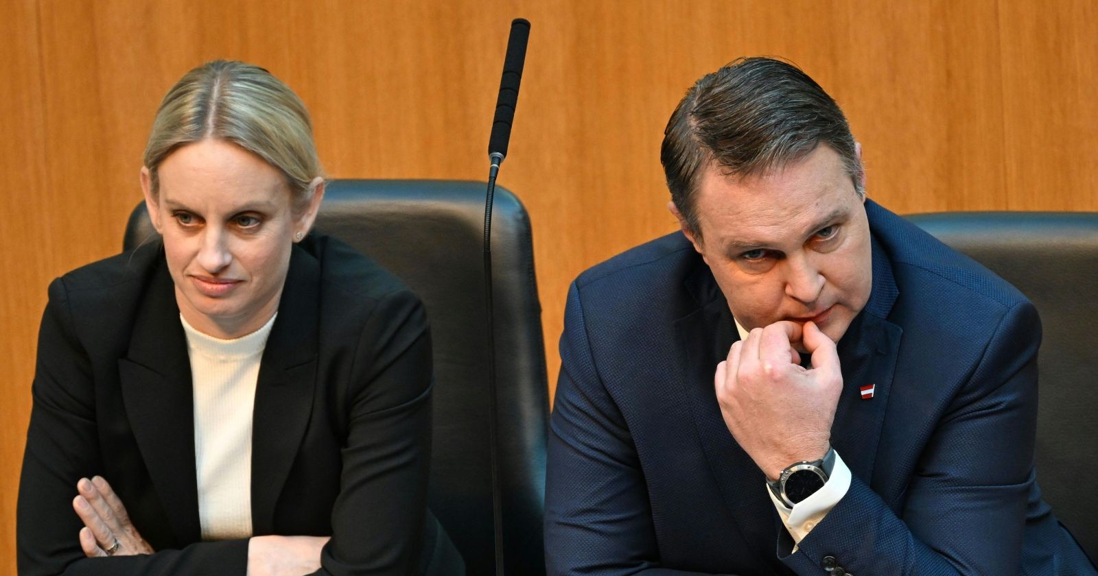 SPÖ-Staatssekretärin Michaela Schmidt und Andreas Babler während einer Sitzung des Parlaments; Schmidts umstrittener Vorschlag zu einer Volksbefragung über die Erbschaftssteuer