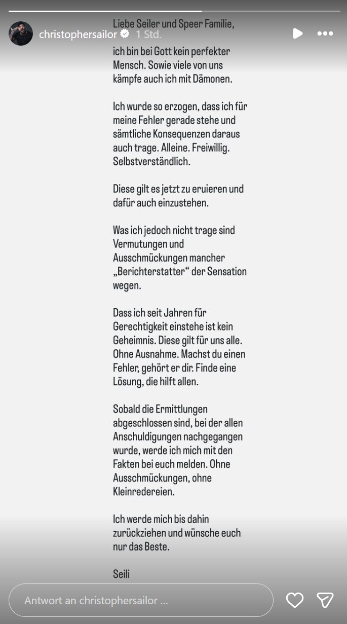 Das Statement auf Instagram von Christopher Seiler.