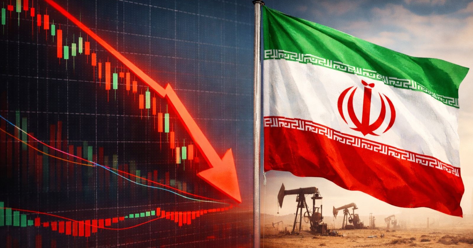 Ein roter Börsen-Chart zeigt den fallenden DAX-Kurs neben einer Flagge des Iran