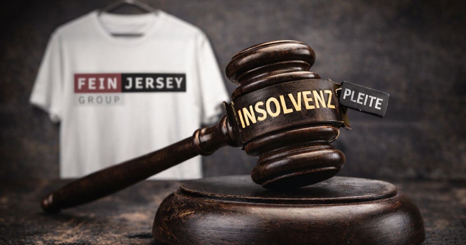 Gerichtshammer auf dem Insolvenz geschrieben steht, im Hintergrund ist ein T-Shirt mit dem Logo der feinjersey Group zu sehen
