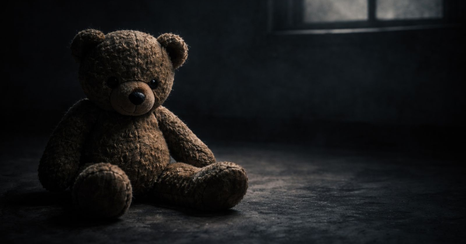 Teddybär in dunklem Raum als Symbolbild für Gewalt gegen Kinder in Österreich, nachdem mehrere Kinder in kurzer Zeit getötet wurden.