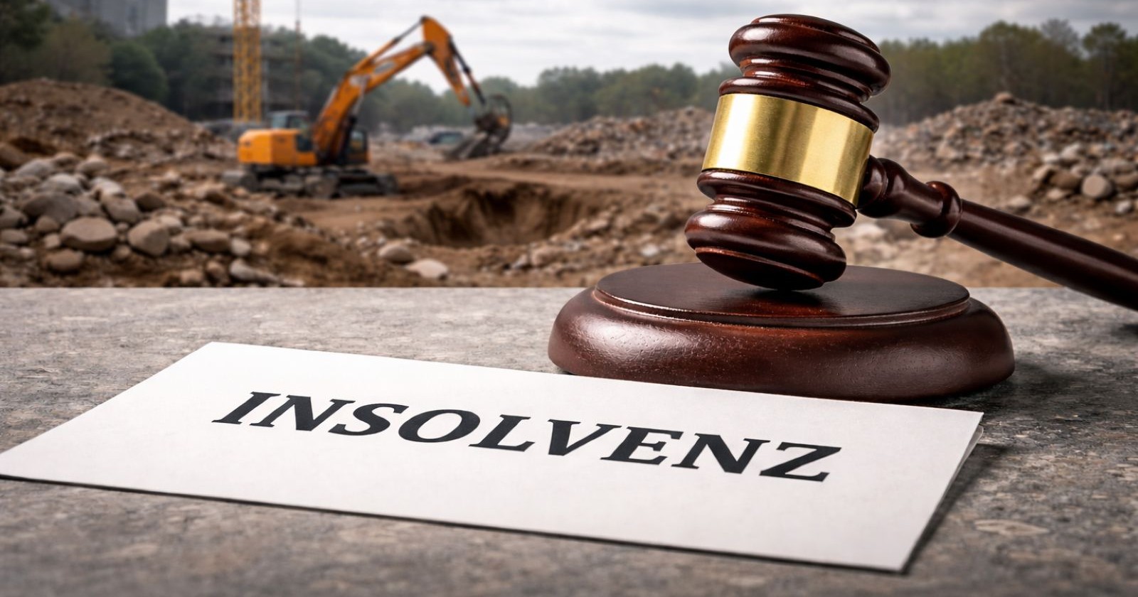 Baustelle mit Richterhammer und einem Zettel, wo Insolvenz geschrieben steht, als Symbolbild für die Insolvenz