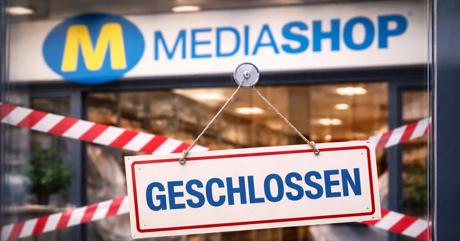 Mediashop-Geschäft mit „Geschlossen“-Schild am Eingang – Symbolbild für das Scheitern der Sanierung und die Schließung des Unternehmens.