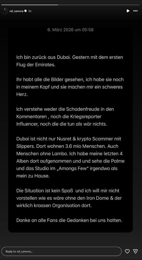 Raf Camora Statement Dubai/ RAF Camora ist in Wien nach den Angriffen auf Dubai