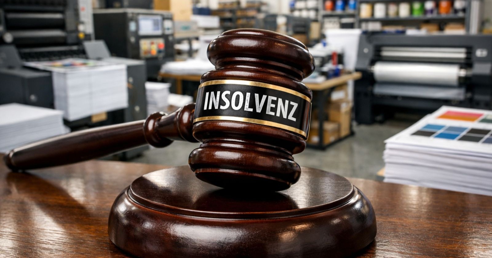Themenbild für die Insolvenz der Salzkammergut-Media GmbH, es ist ein Richterhammer in einer Druckerei zu sehen