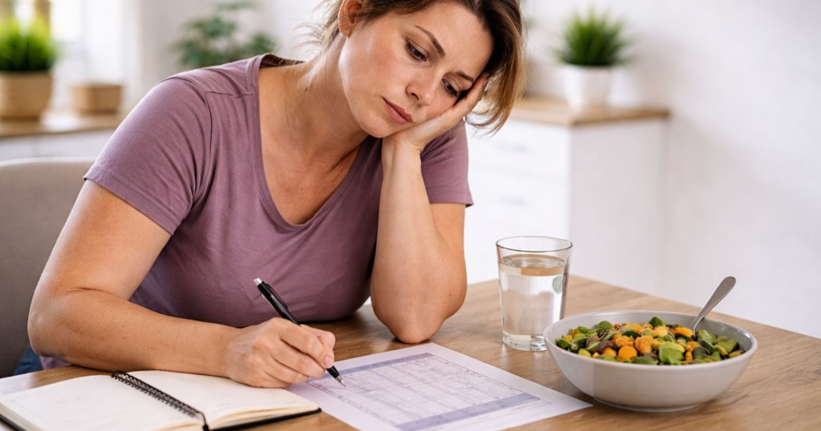 Frau sitzt frustriert am Tisch mit gesunder Ernährung und Trainingsplan und fragt sich warum sie trotz Diät nicht abnimmt