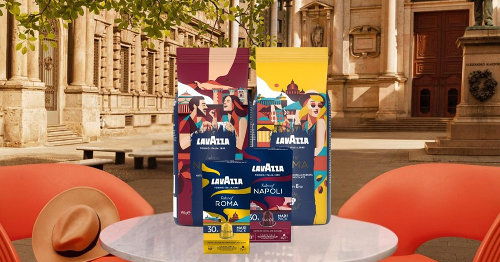 Verschiedene Kaffeepackungen vor städtischer Kulisse | Credit: Lavazza Österreich