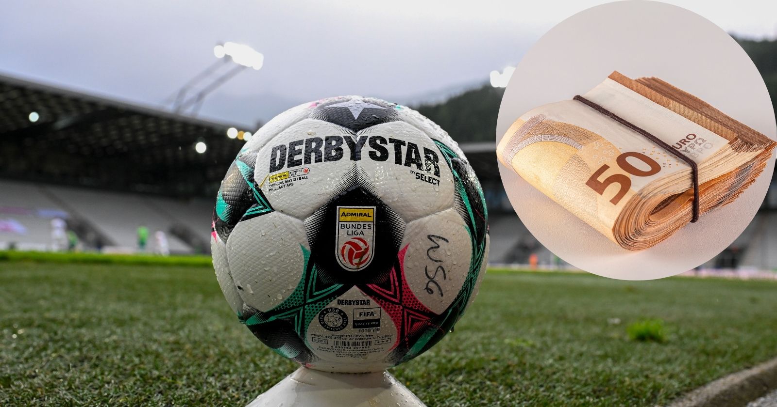Der offizielle Spielball der Österreichischen Fußball-Bundesliga vor einem Stadionhintergrund symbolisiert die Lizenzvergabe