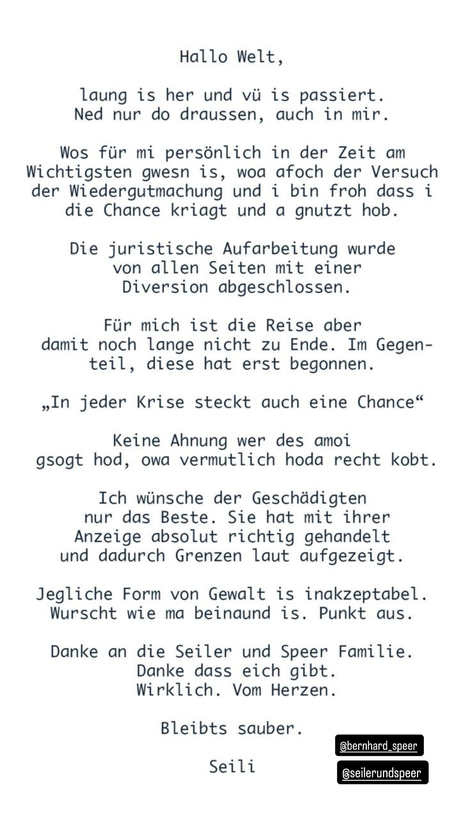Instagram-Statement von Christopher Seiler zur Diversion, Wiedergutmachung und den Vorwürfen nach Ermittlungen in Wien