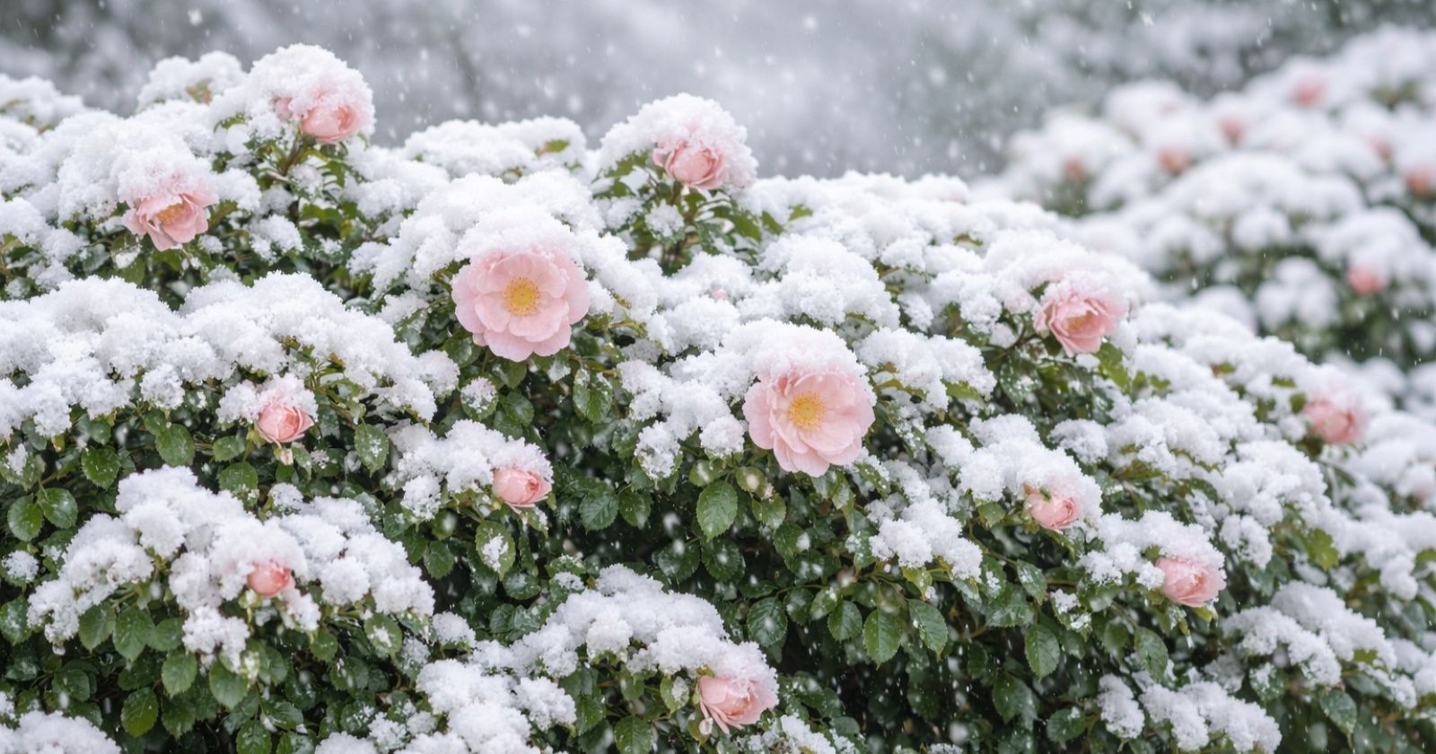 Wetter im Mai: Schnee bedeckt blühende Rosen im Garten während der Eisheiligen und zeigt typische Frostgefahr im Mai durch plötzlichen Kälteeinbruch.