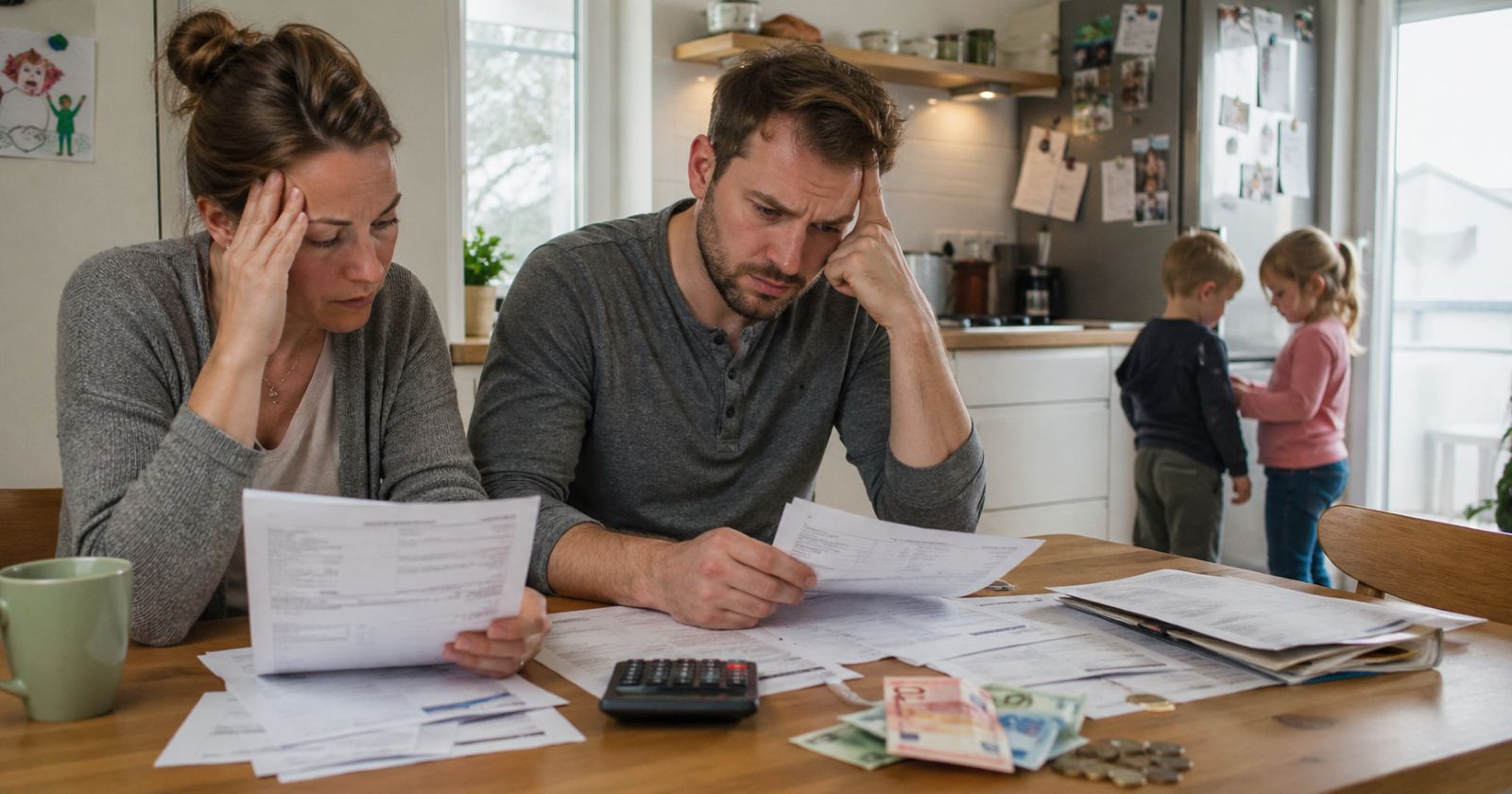Eltern sitzen mit Rechnungen und Geld am Küchentisch, während Kinder im Hintergrund spielen, Symbolbild für finanzielle Belastung von Familien.