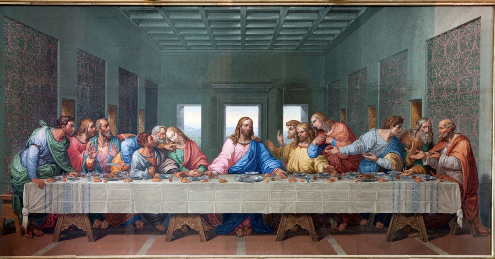 Eine Darstellung des letzten Abendmahls mit Brot und Wein zur Einsetzung der Eucharistie am Gründonnerstag.