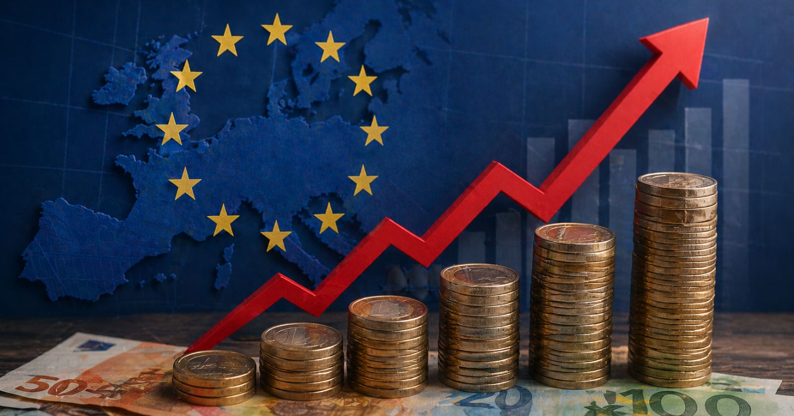 Grafik zur Inflation in Deutschland und der Eurozone mit steigenden Münzstapeln und rotem Wachstumspfeil vor EU-Karte