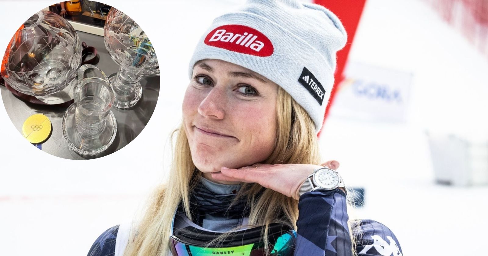 Mikaela Shiffrin neben einem Foto der zerbrochenen Kristallkugel