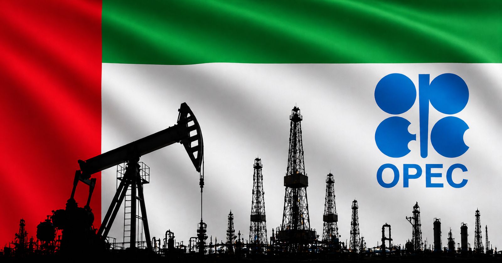 Opec-Logo vor Ölbohranlagen und Flagge der Vereinigten Arabischen Emirate – VAE treten aus Opec aus
