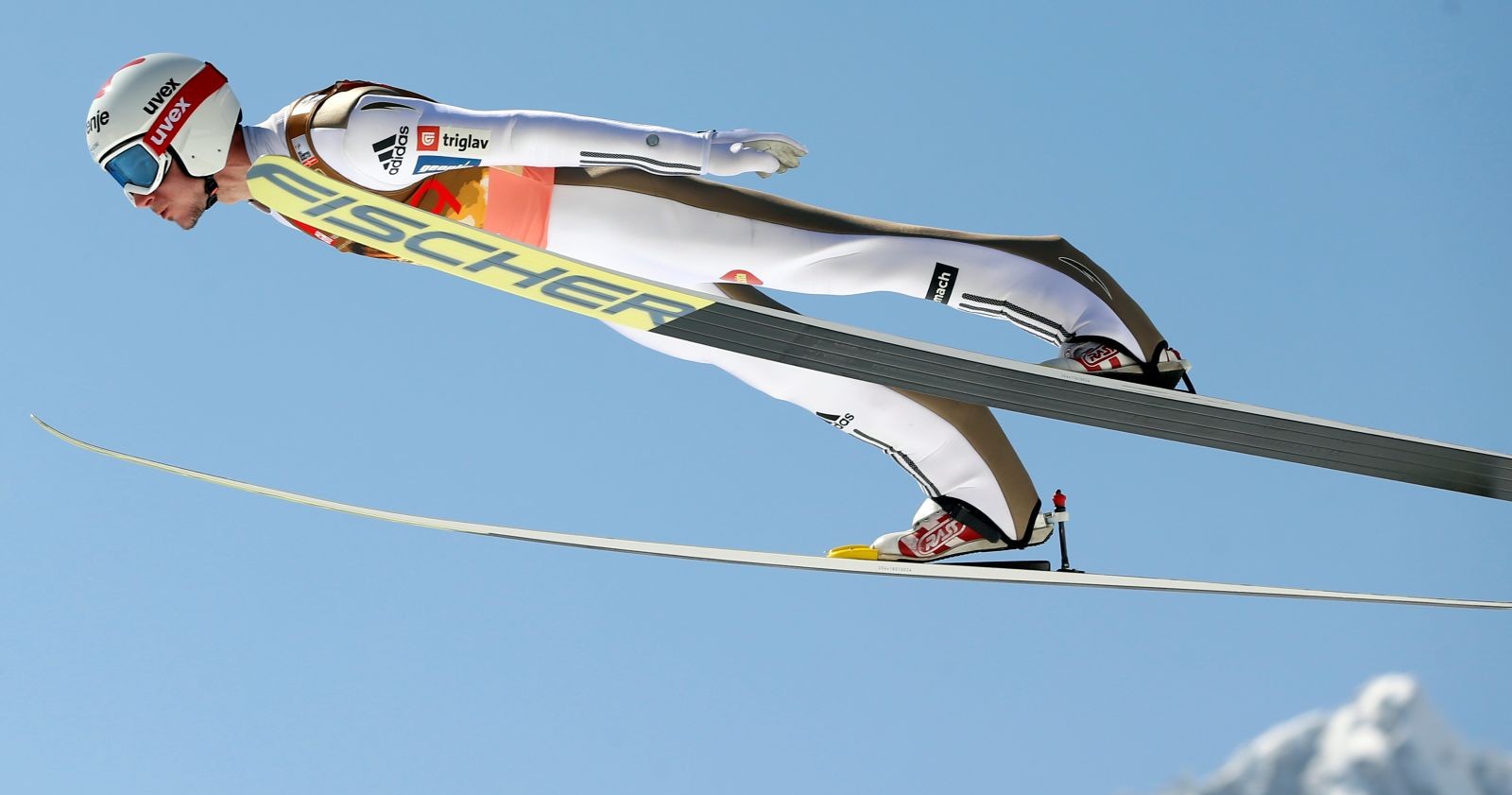 Robert Kranjec während eines Skiflug-Wettbewerbs in Planica, Slowenien