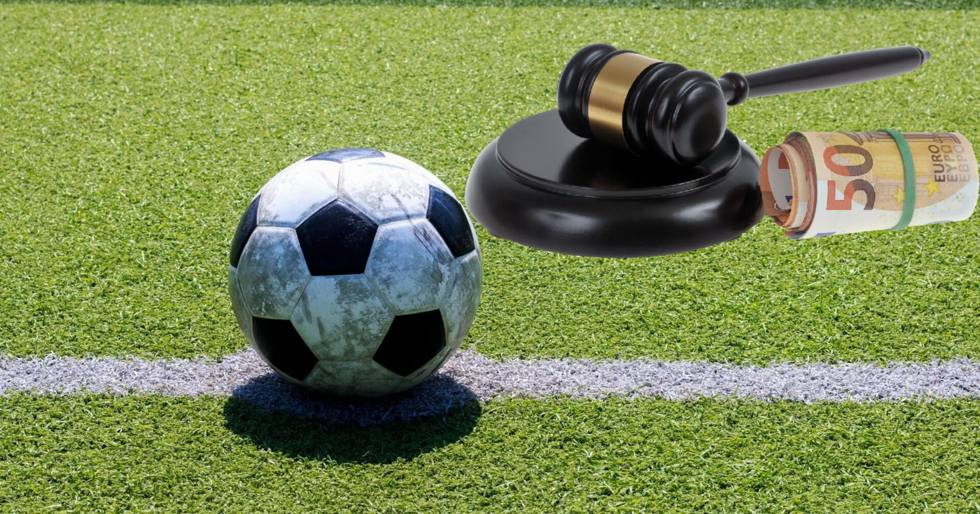 Fußball auf einem Feld neben einem Hammer mit einem Gelbündel.