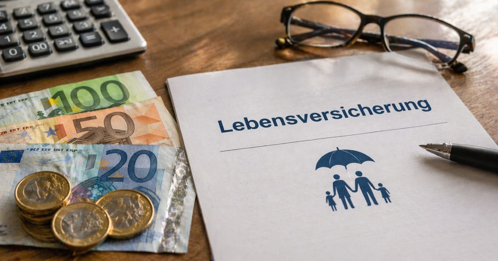 Ein Lebensversicherung-Vertrag liegt auf einem Tisch neben Euro-Scheinen und Münzen, während im Hintergrund ein Taschenrechner und eine Brille zu sehen sind. Das Bild symbolisiert die Rückzahlung von Kosten bei Lebensversicherungen nach einer Einigung des VKI mit der Versicherungsbranche in Österreich.