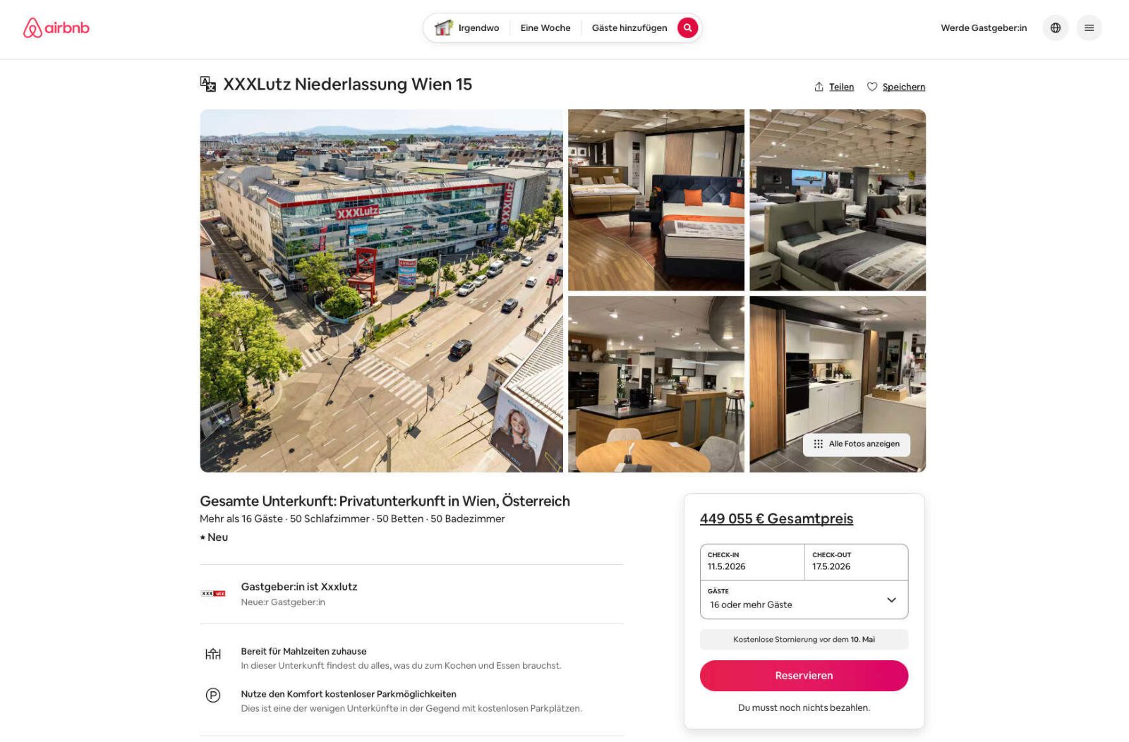 Screenshot des Airbnb-Inserats für XXXLutz Filiale Wien 15 mit Preis rund 449000 Euro und Unterkunftsdetails