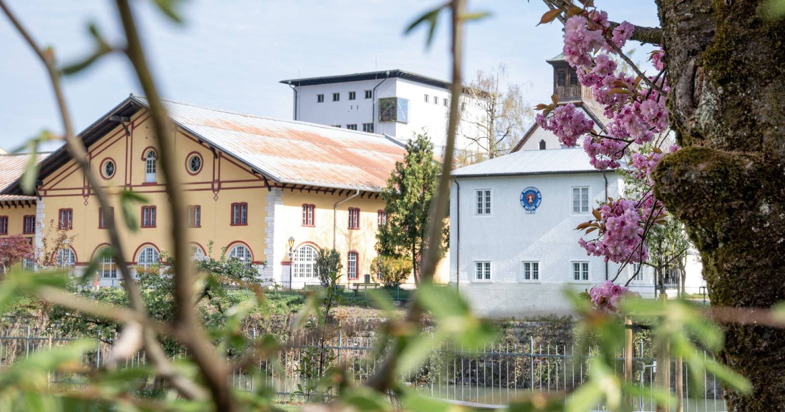 Historisches Gebäudeensemble mit blühenden Bäumen und gepflegter Gartenanlage im Vordergrund. Die Aufnahme vermittelt eine ruhige, idyllische Atmosphäre an einem sonnigen Frühlingstag | Credit: Adi Aschauer