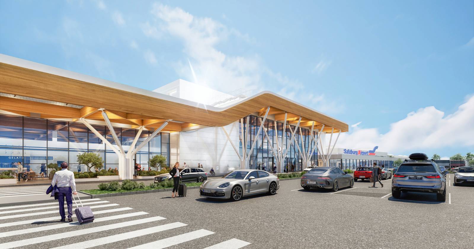 Visualisierung des modernisierten Salzburg Airport mit neuer, offener Terminalarchitektur, großen Glasflächen und geschwungenem Holzdach. Reisende und Fahrzeuge bewegen sich vor dem Eingangsbereich unter sonnigem Himmel.
