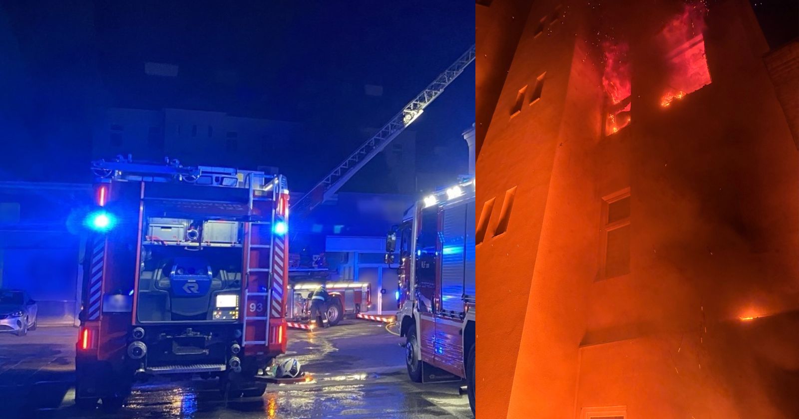 Einsatzfahrzeuge der Berufsfeuerwehr Wien stehen nachts mit eingeschaltetem Blaulicht in der Schlachthausgasse