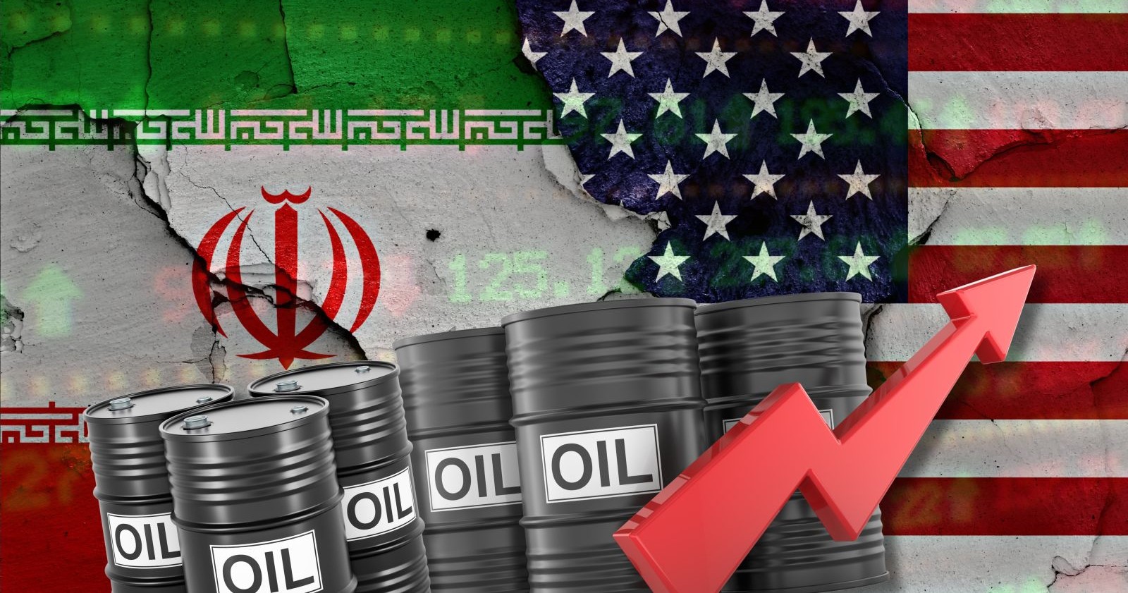 Ölpreis steigt wegen Iran-Konflikt: US- und Iran-Flaggen mit Ölfässern und Aufwärtspfeil symbolisieren Energiekrise