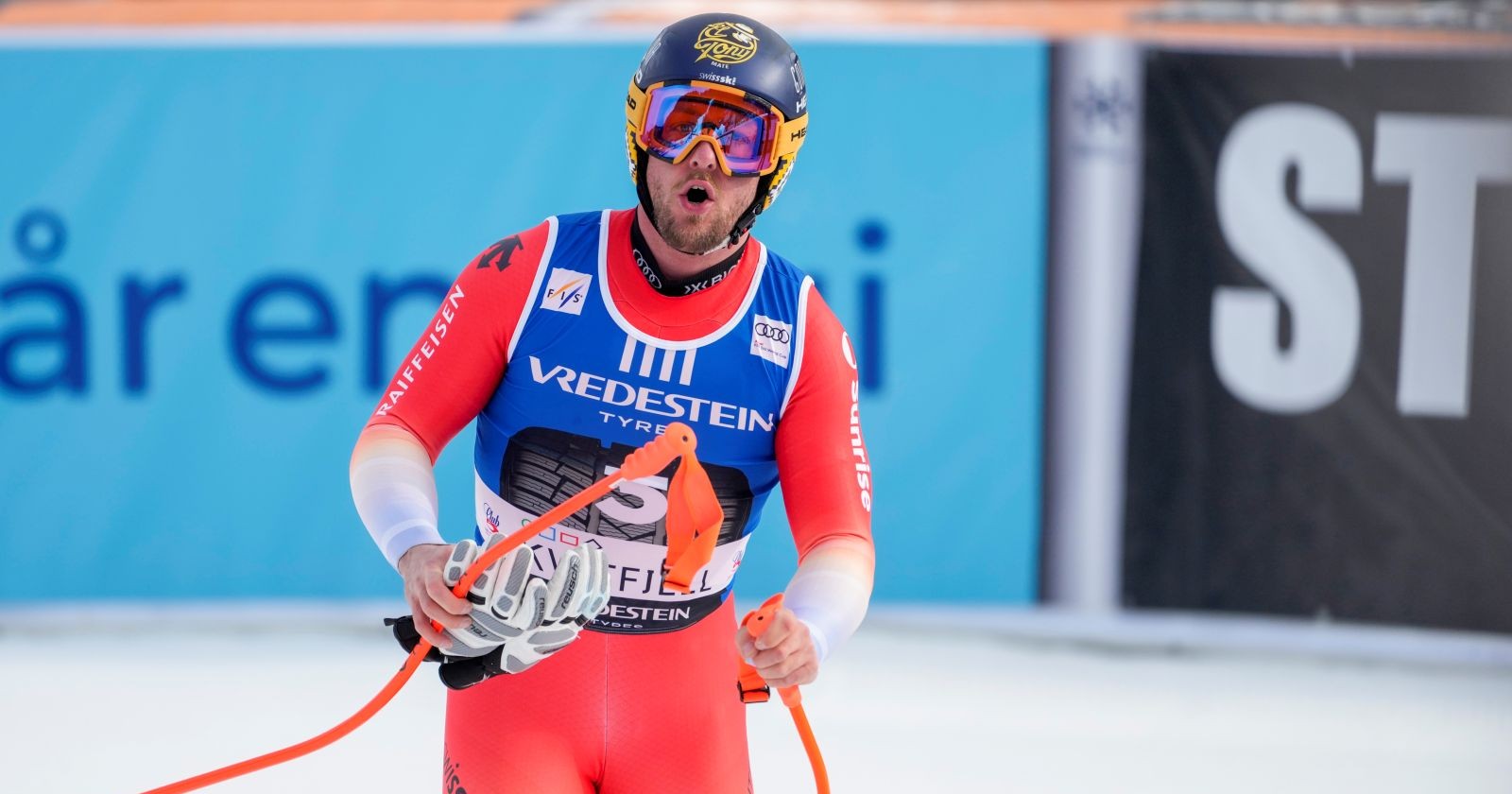 Justin Murisier auf HEAD-Skiern während der Abfahrt in Kvitfjell
