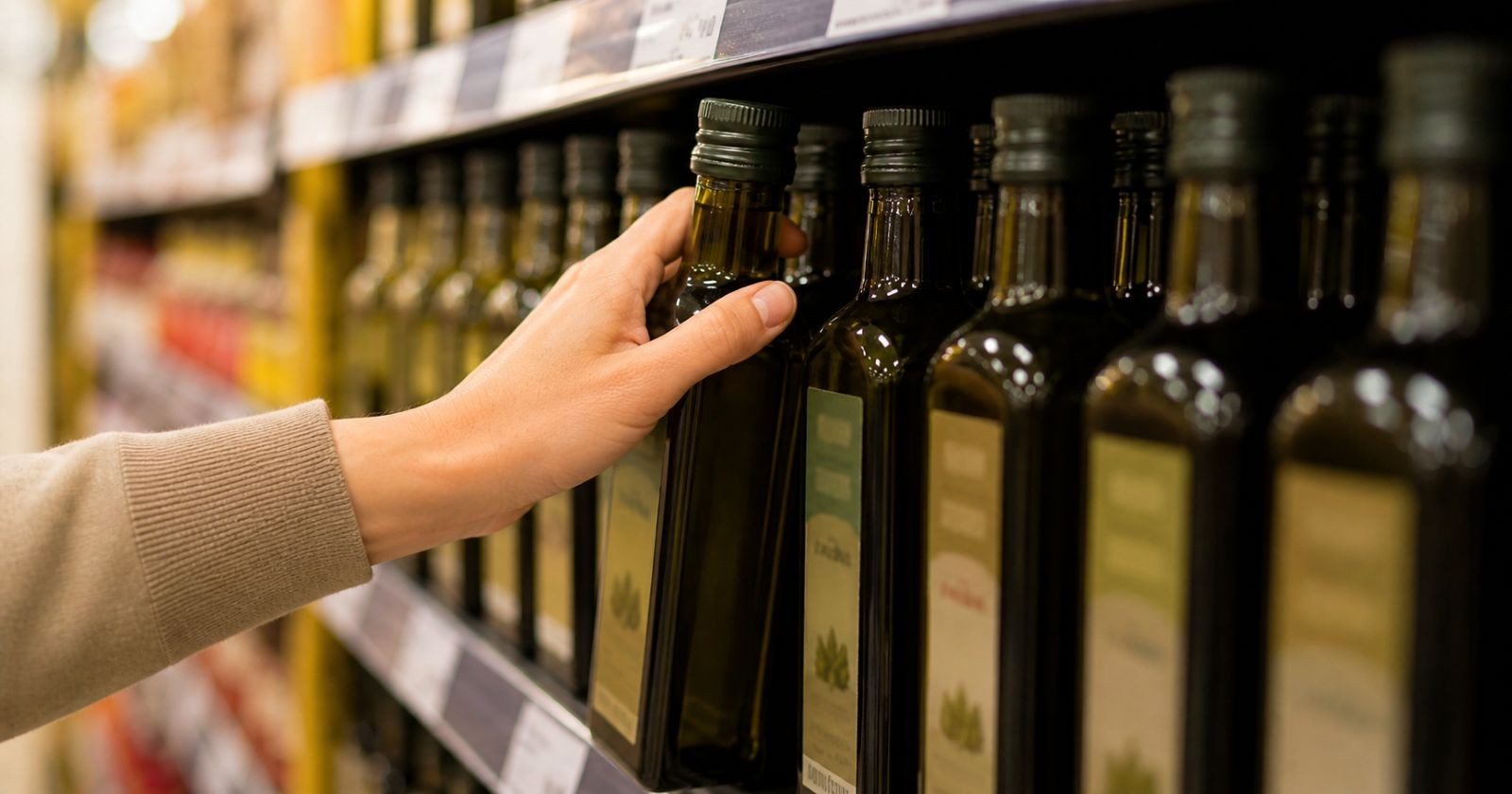 Kunde nimmt Olivenölflasche aus dem Regal im Supermarkt.