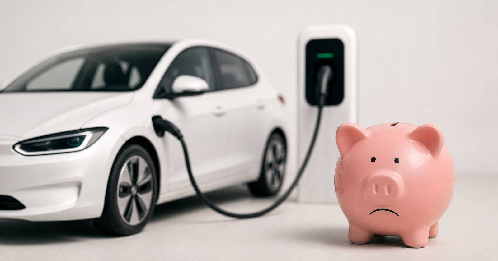 Elektroauto wird an Ladestation geladen, daneben ein trauriges Sparschwein als Symbol für steigende Kosten durch den neuen Sachbezug bei E-Dienstwagen
