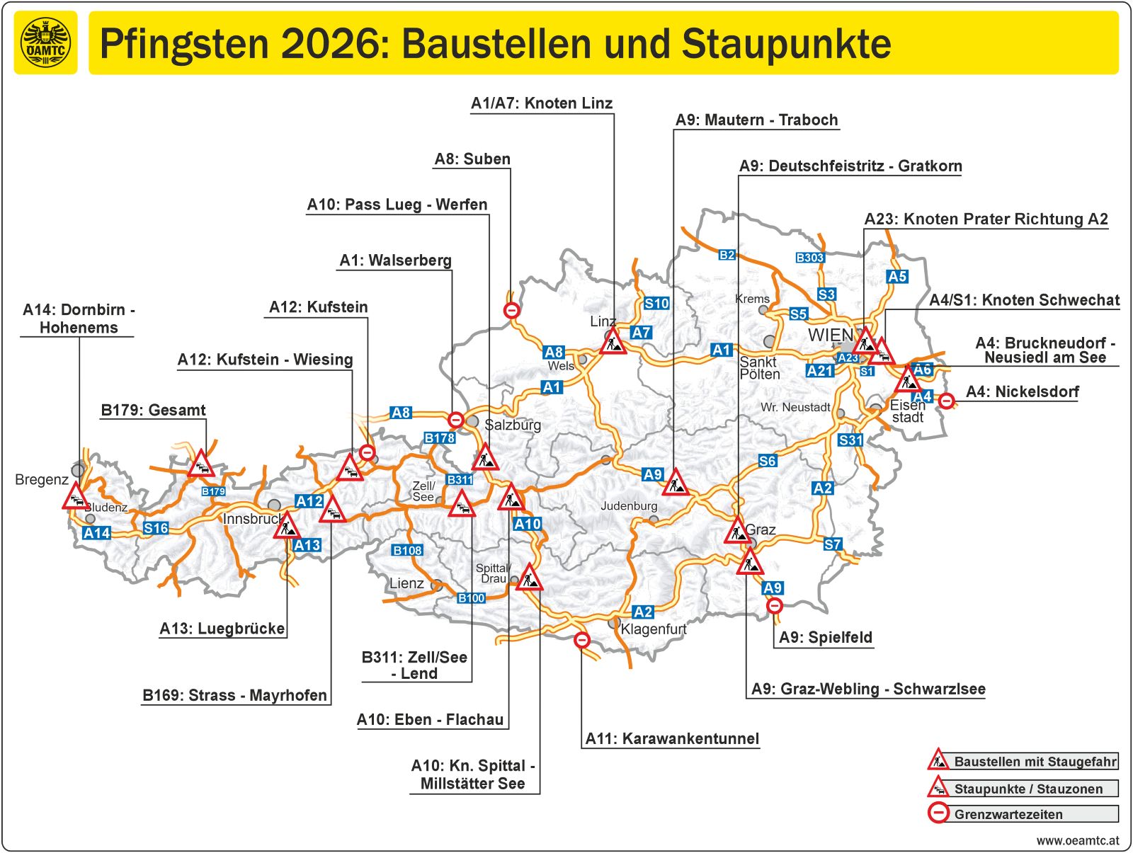 Pfingsten Stau Österreich Karte ÖAMTC Baustellen Staupunkte Autobahnen Verkehrswarnung A1 A10 A13