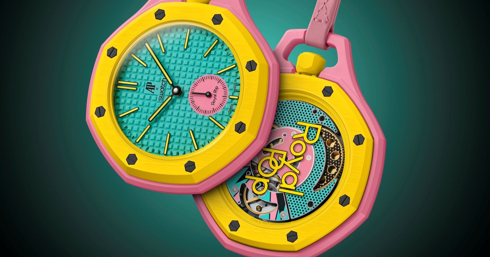 Swatch Audemars Piguet Royal Pop Uhr in Gelb und Pink mit „Petite Tapisserie“-Zifferblatt und achteckiger Lünette