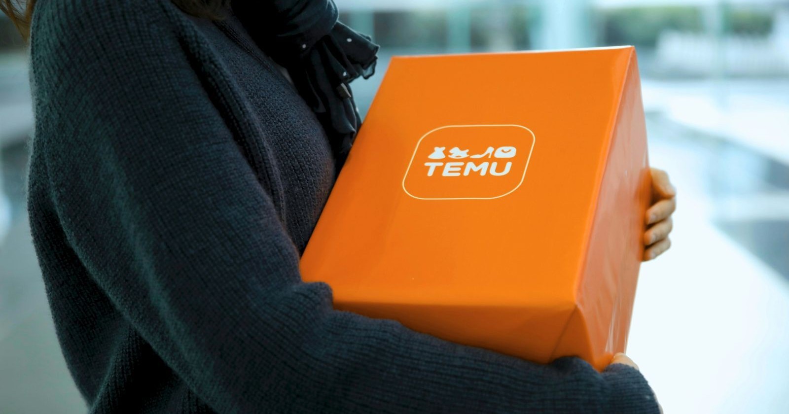 Eine Person im dunkelblauen Pullover trägt ein oranges Temu-Paket