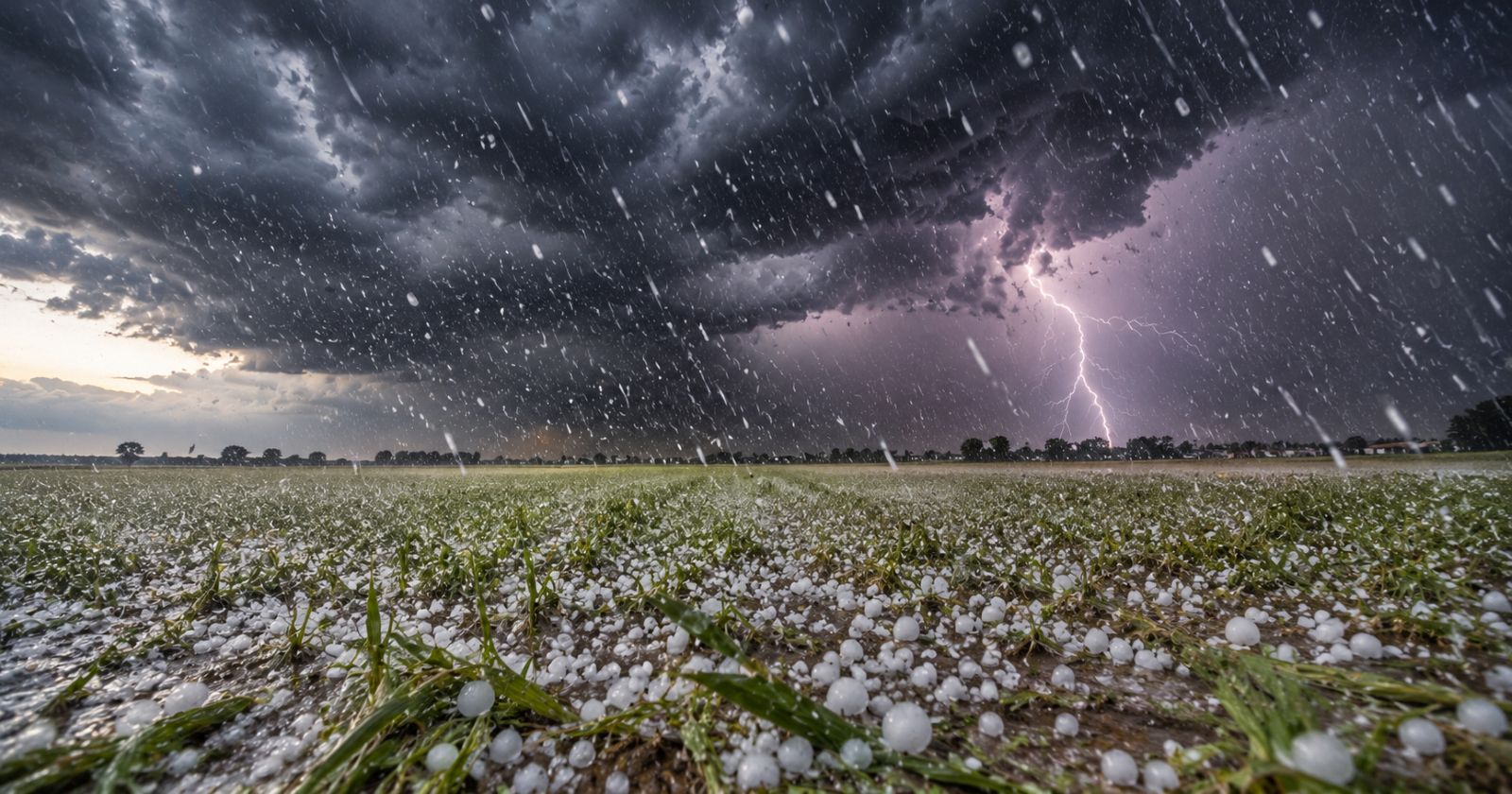 Hagelkörner rauf einem Feld und Gewitterwolken