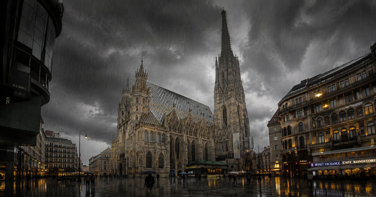 Regenwolken über dem Wiener Stephansdom als Themenbild für den Wettersturz in Wien