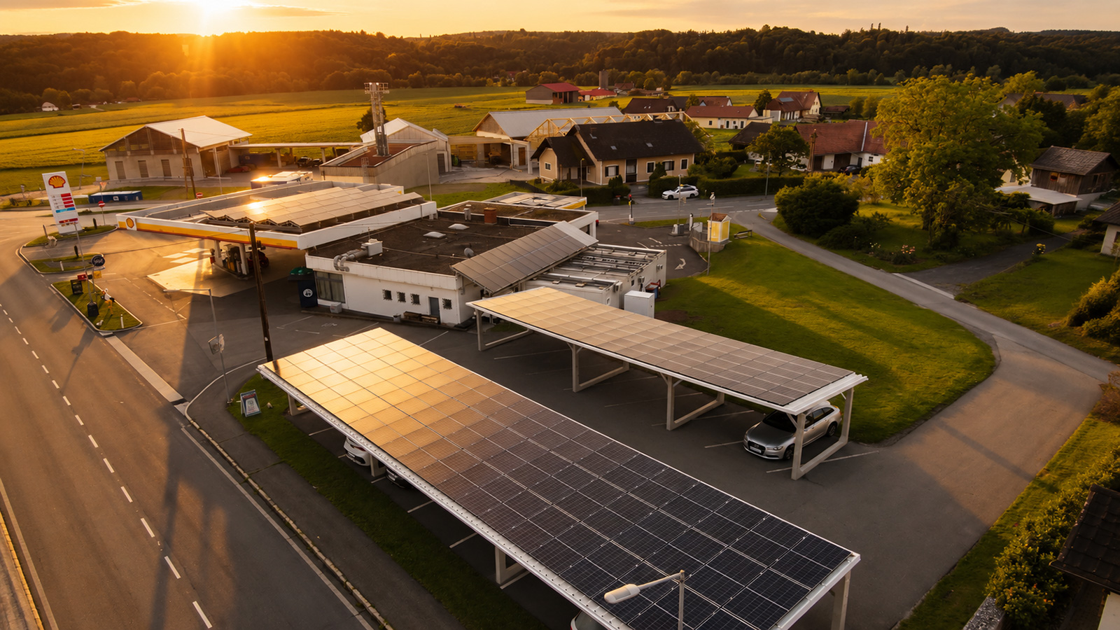 Moderne Firmenanlage mit Solardach bei Sonnenuntergang | Credit: Ingenieurbüro Mischinger
