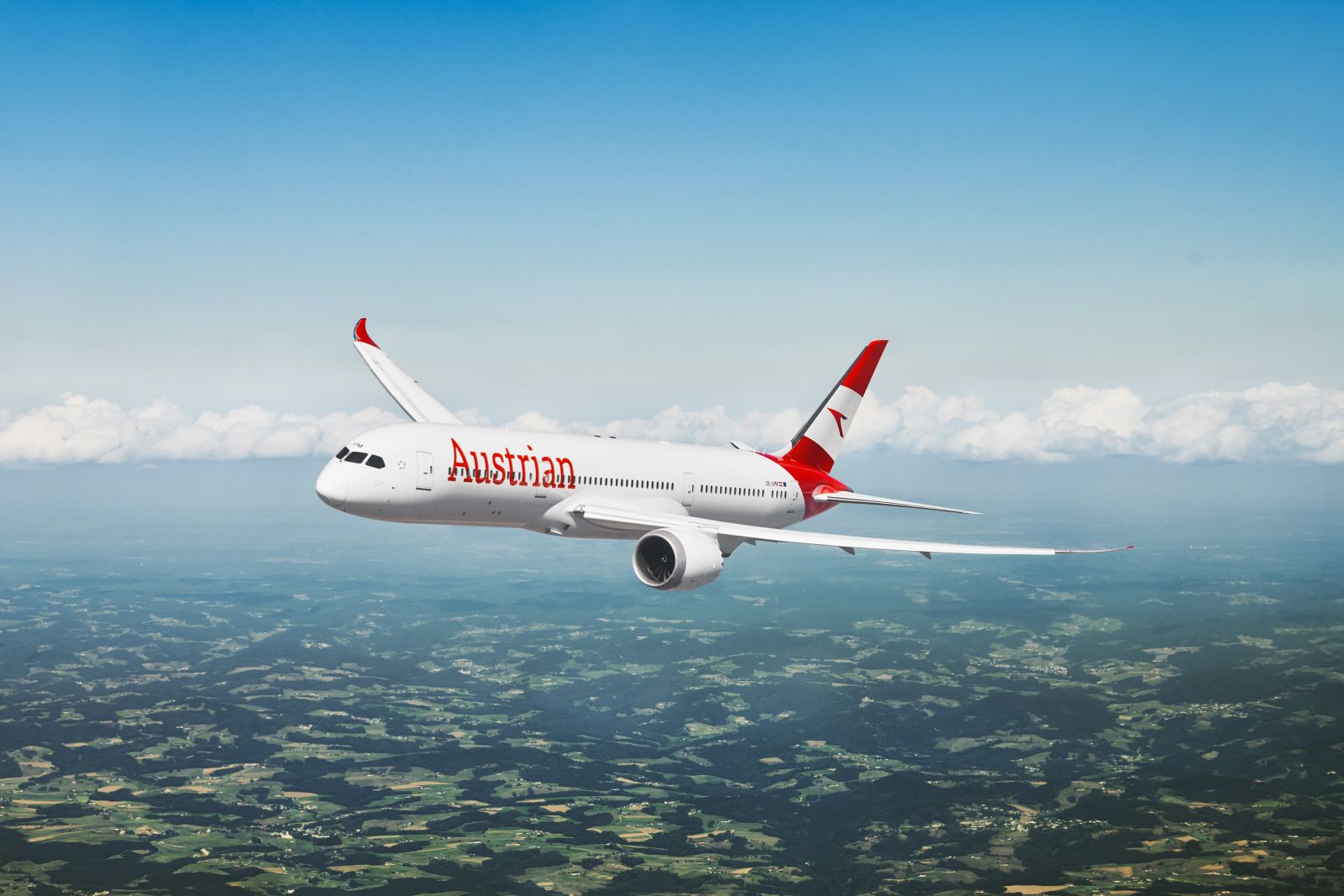 Flugzeug in der Luft, darunter Landschaft