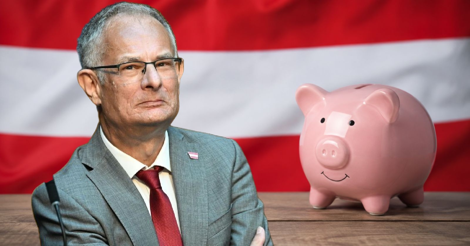 Markus Marterbauer vor Österreich-Flagge mit Sparschwein Symbol für Sparpaket Budget 2027 2028