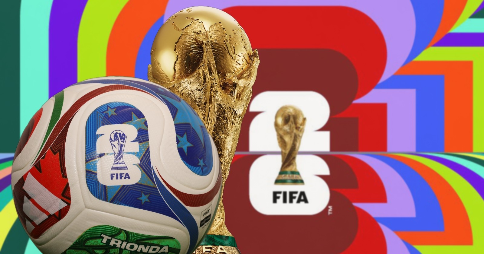 Der offizielle Spielball und die Trophäe der FIFA-Weltmeisterschaft 2026 vor dem Hintergrund des offiziellen Emblems.