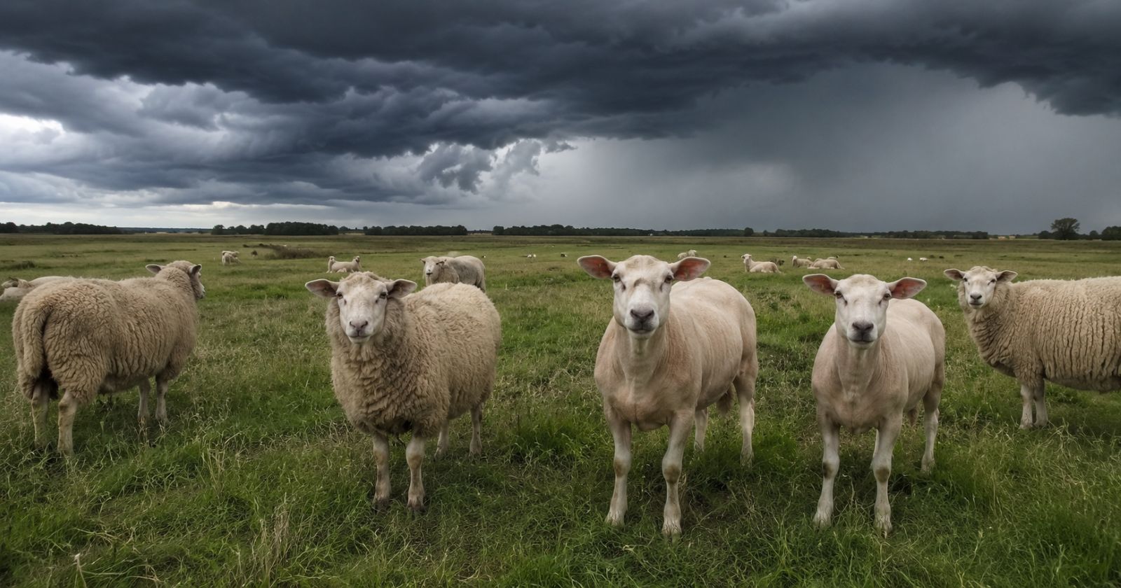 Schafe auf einer Wiese unter dunklen Gewitterwolken während der Schafskälte und einem Wettersturz in Österreich