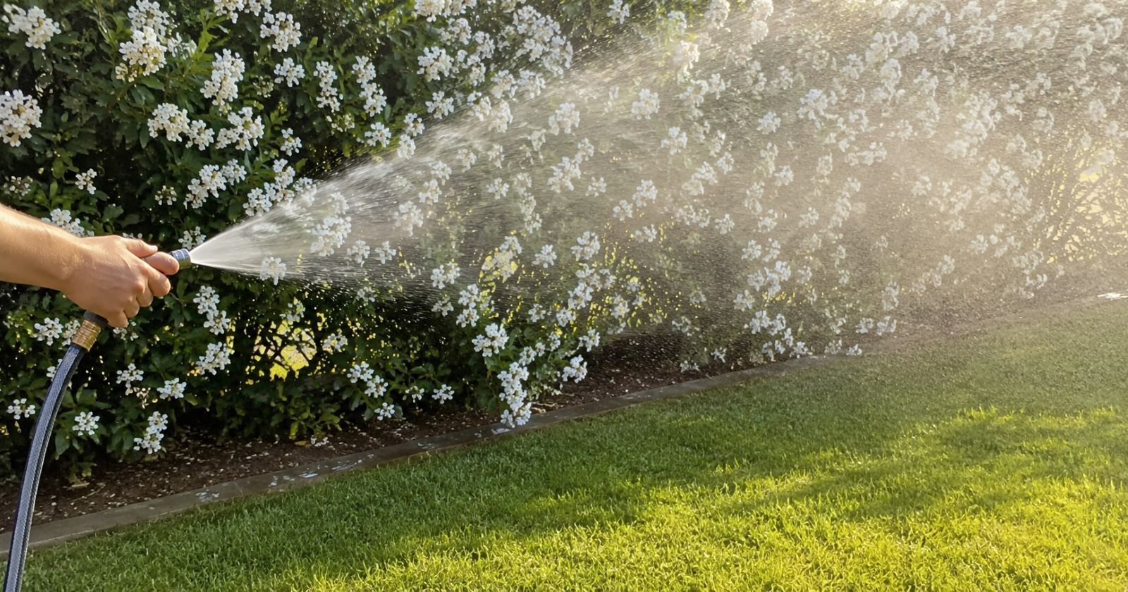 Garten wird mit Schlauch bewässert – Symbolbild für Gießverbot bei Trockenheit und Japankäfer in Deutschland