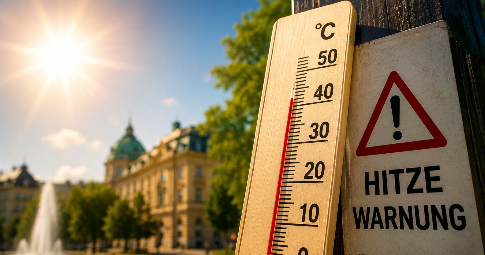 Extreme Hitzewarnung in Österreich mit Thermometer über 40 Grad und Warnschild bei starker Sonneneinstrahlung