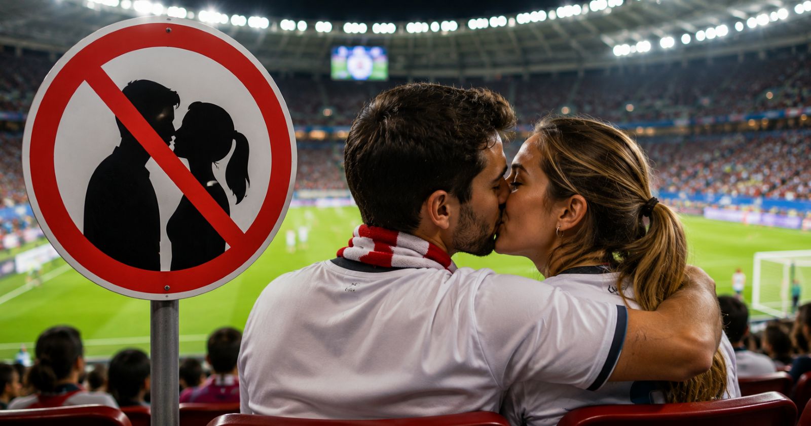 Paar küsst sich im Stadion während eines Spiels, daneben ein Piktogramm gegen intensives Knutschen bei der WM 2026