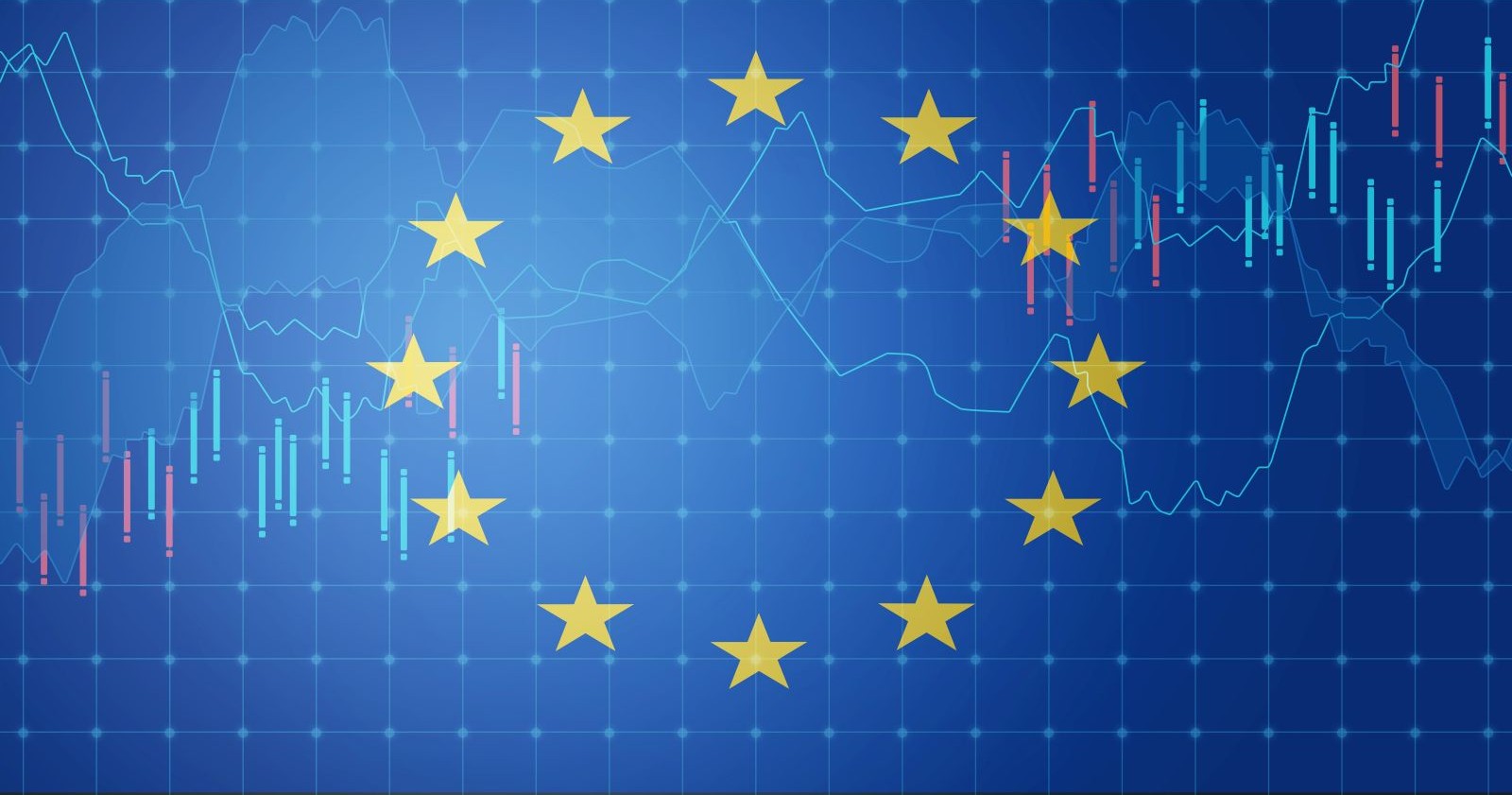 EU-Flagge mit Börsenchart im Hintergrund symbolisiert steigenden Leitzins und Entwicklungen an den Finanzmärkten in der Eurozone