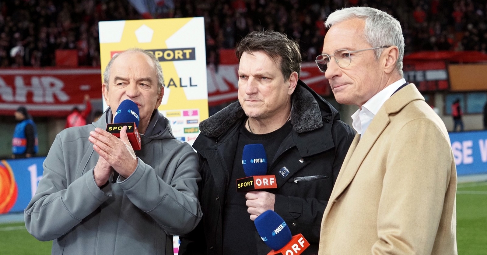 Herbert Prohaska, Andreas Herzog und Rainer Pariasek vor einem ÖFB-Spiel.