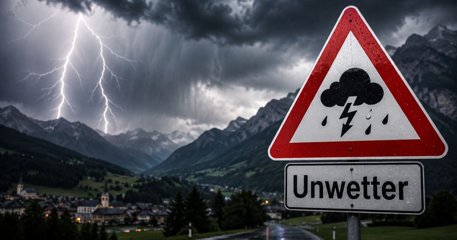 Unwetter Tirol Gewitter Starkregen Sturm Warnung Alpen Straße Blitze