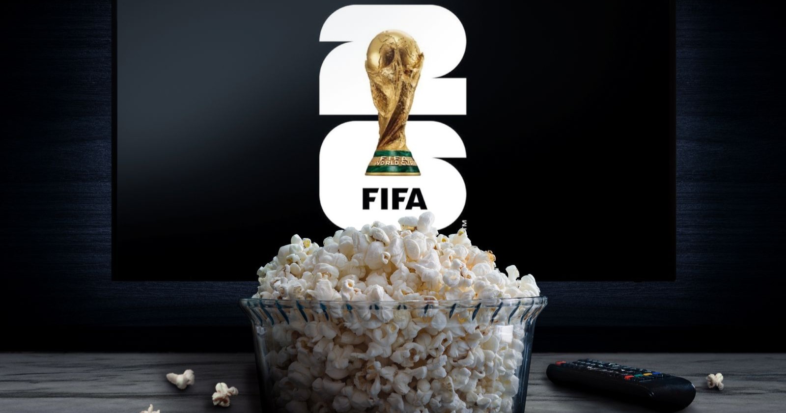 TV mit Logo der Fußballweltmeisterschaft 2026 als Themenbild für die Übertragung des Eröffnungsspiels